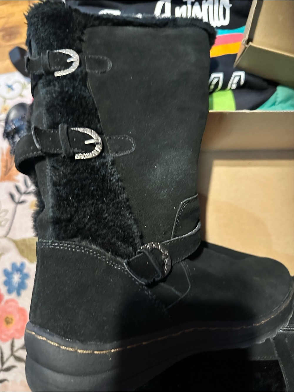 Black Faux Suede Mid-Calf Winter Boots with Buckles